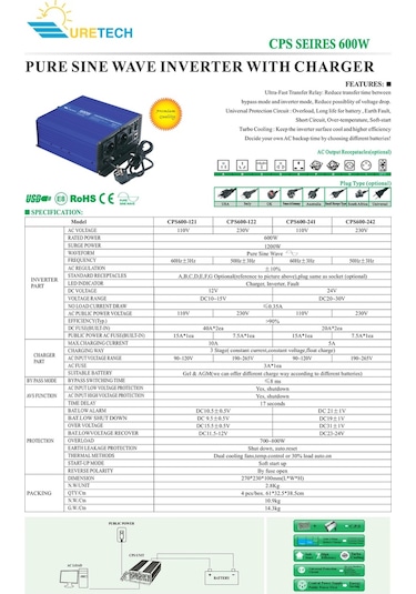 Uretech 600 Watt Tam Sinüs Akü Şarjlı UPS İnverter 12Vdc-220 Vac 600W İnvertör
