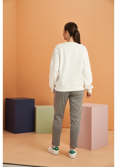 Pjs Xoxo Kadın Baskılı Uzun Kollu Sweatshirt Çizgili Eşofman Takım Ekru