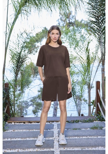 Monamise Kadın Kısa Kollu Bisiklet Yaka Alt Üst Takım 25085 Kahve