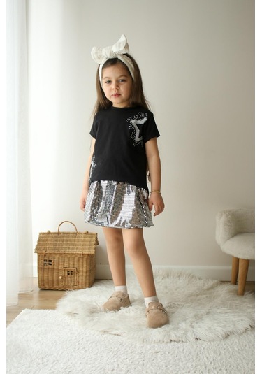 Kız Çocuk Gümüş - Siyah Renk Parlak Disco Kumaş Balon Etek Yıldız Baskılı T-shirt Pamuklu Altüst Takım Disco Çok Renkli
