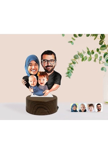 Kişiye Özel Tesettürlü Aile Karikatürlü Dekoratif 3D Biblo Led Iş (483006824)