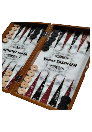 Kişiye Özel Isim Oymalı Ahşap Pullu Büyük Boy Tavla Takımı