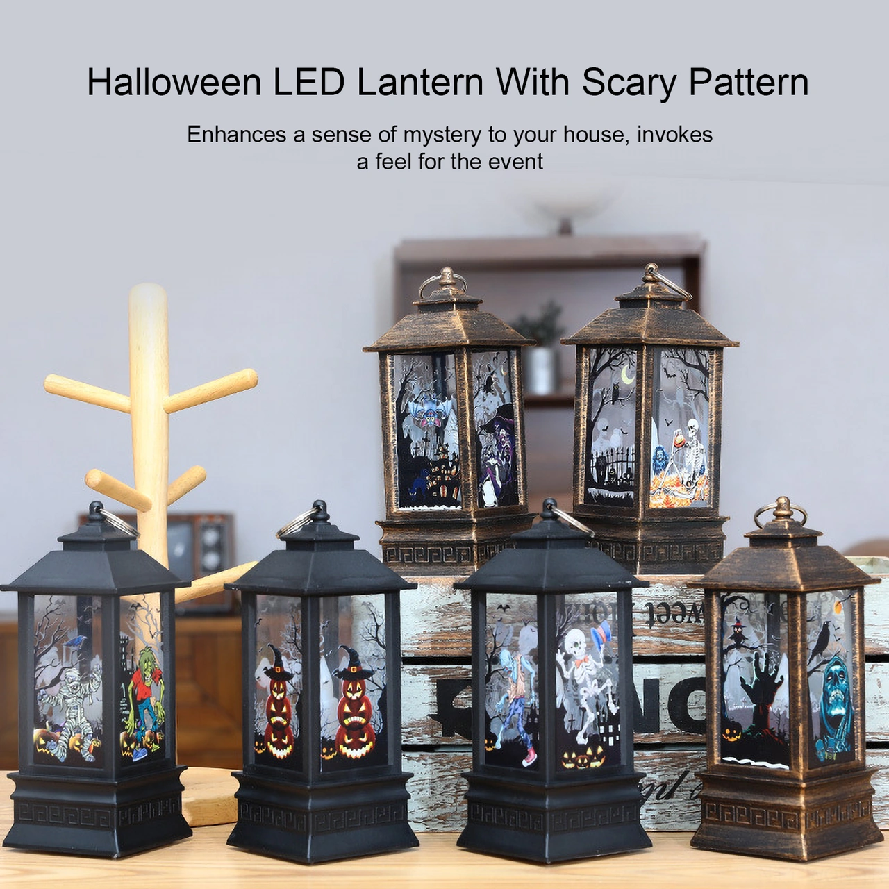 Neevoyu Korkunç Desenli Halloween Led Feneri, Cadı-bat-skull Motifli Retro Dekoratif Aydınlatma, Ev Bahçe Parti Dekoru, Pil İle Çalışır Diğer