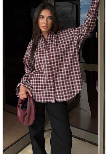 Madmext Kırmızı Oversize Kareli Kadın Gömlek Mg2822
