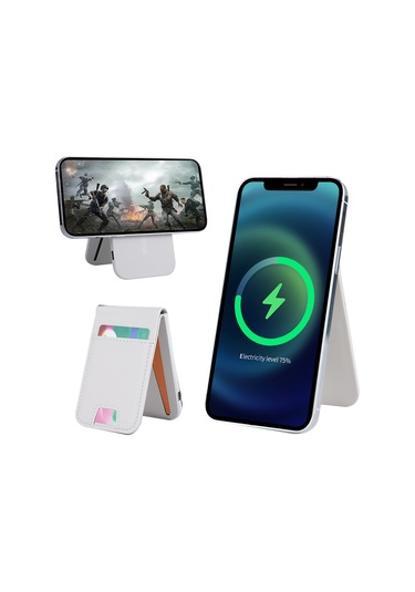 Fld-f5 3'ü 1 Arada Manyetik Kablosuz Şarj Cihazı Katlanabilir Kart Çantası Cep Telefonu Tutucu Bej