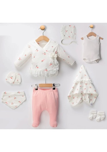 Çiçek Desenli Dantel İşlemeli %100 Pamuk Kız Bebek 8'li Hastane Çıkışı Beyaz