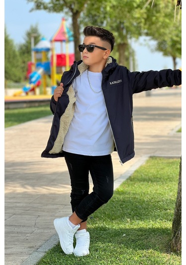 Erkek Çocuk Sabit Kapüşonlu Metal Armalı İçi Kürklü Mont Km3987 Siyah