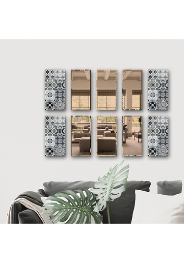 Dekor Camı | Karakalem Çizim Cam ve Bronz Ayna | 10'lu Takım