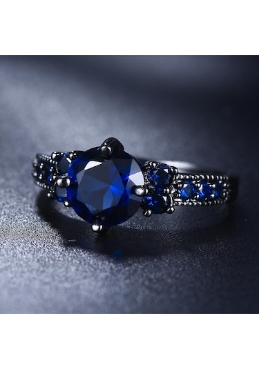 Vintage Mavi Yuvarlak Kristal Siyah Altın Renk Yüzük Alyanslar Kadınlar Için Aşk Promise Nişan Takı 5 Çok Renkli
