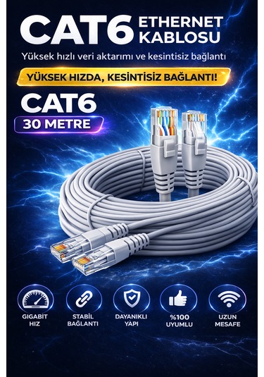Cat6 Ethernet Kablosu 30m Gigabit Lan Kablosu Yüksek Hızlı İnternet Kablosu 30 Mt