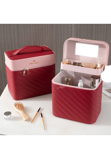 Hfambition Kırmızı Pu Materyal Çok Fonksiyonlu Büyük Kapasiteli Makyaj Çantası - Seyahat Ve Günlük Kullanıma Uygun, Ayna Ve Fırça Bölmeli