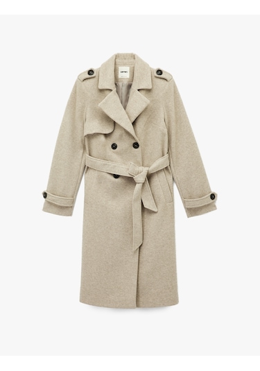 Koton Uzun Kollu Kruvaze Kemerli Uzun Kaşe Kaban Vizon 6wak00094ew Vizon