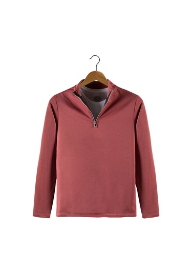 Erkek Kırmızı Yarım Fermuarlı Basic Düz Sweatshirt Kırmızı