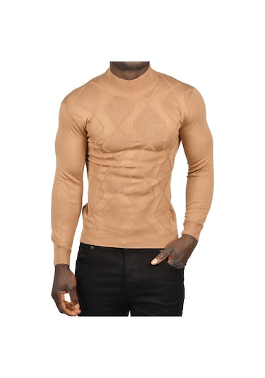 Deepsea Erkek Camel Deepsea Baklava Desenli Slim Fit Yarım Balıkçı Yaka Triko Boğazlı Kazak 2505511 Camel