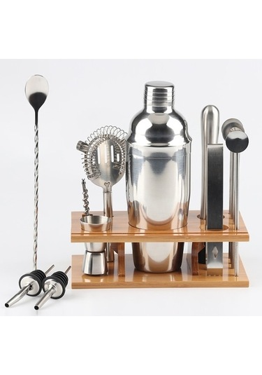 Pazly Bambu Montajlı 14'lu Paslanmaz Çelik Kokteyl Çalkalayıcı Seti 750ml, Gıda İçin Uygun, Mutfak Tasarrufu