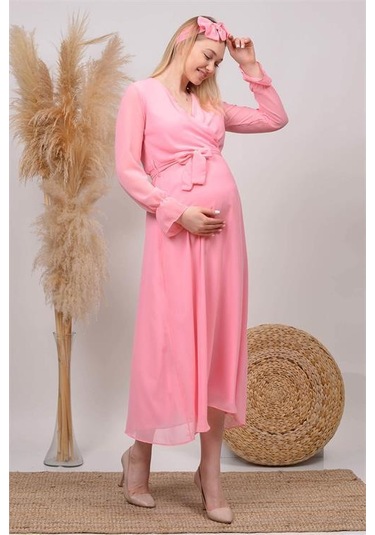 Kadın Beyaz Baby Shower Şifon Hamile Elbise Dphml003 Pudra