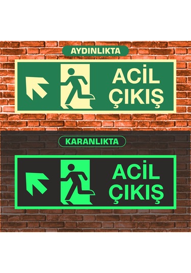 Fosforlu Acil Çıkış Sol Yukarı Çapraz Uyarı İkaz Tabelası 10x30