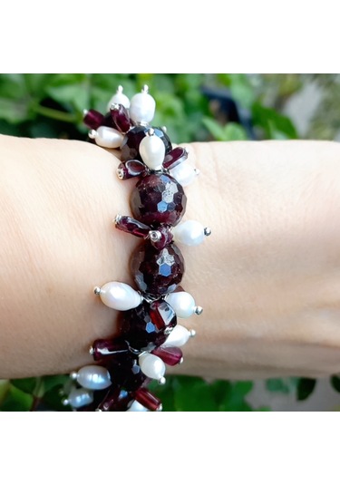 Sibelce 2687 Garnet Doğal İnci Zirkon El Yapımı Bileklik Bordo