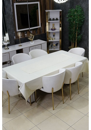 Dream 8 Parça Masa Örtüsü Seti Çeyiz Seti Salon Masa Örtüsü, Runner, 6'lı Peçete Bej