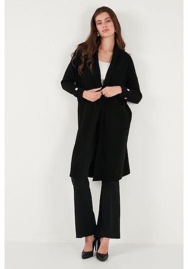 Lela % 100 Akrilik Triko Örme Uzun Bayan Hırka 4615212 Siyah