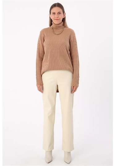 Dikiş Detaylı Deri Pantolon 77066ekru-ekru Ekru