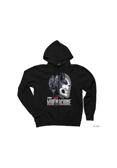 Avengers War Machine Siyah Fermuarlı Kapşonlu Sweatshirt Siyah
