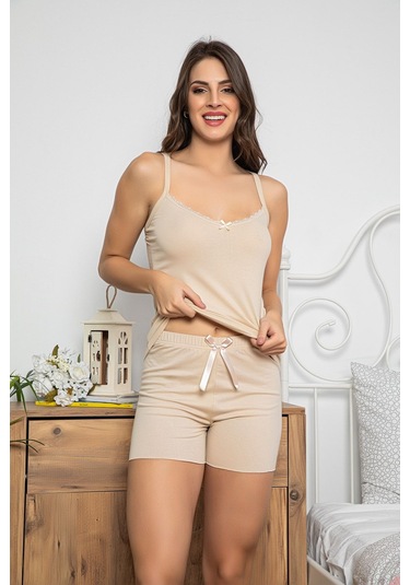 Kadın Krem Renkli Dantel Detaylı Şortlu Ve Taytlı Pijama Takımı 3'lü Set 75014 Krem