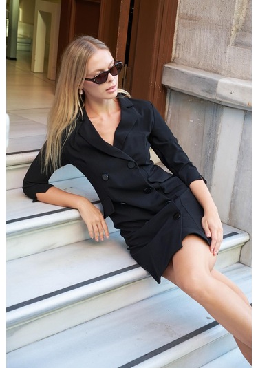 Sırt Dekolteli Anvelop Ceket Elbise Siyah