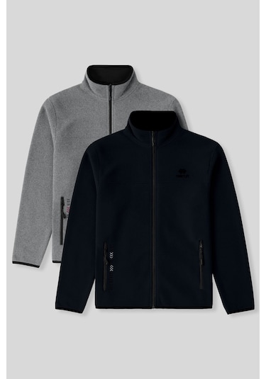 Standart Kalıp Dik Yaka 2li Paket Lacivert-gri Melanj Erkek Polar Sweatshirt - 87992 Lacivert - Gri Melanj