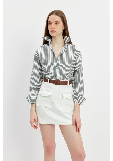 Stella Pulvis Krem Cepli Nervürlü Mini Etek Krem