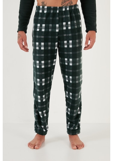 Buratti Ekoseli Regular Fit Düğmeli Bisiklet Yaka Kışlık Polar Erkek Pijama Takımı 60961002 Yeşil