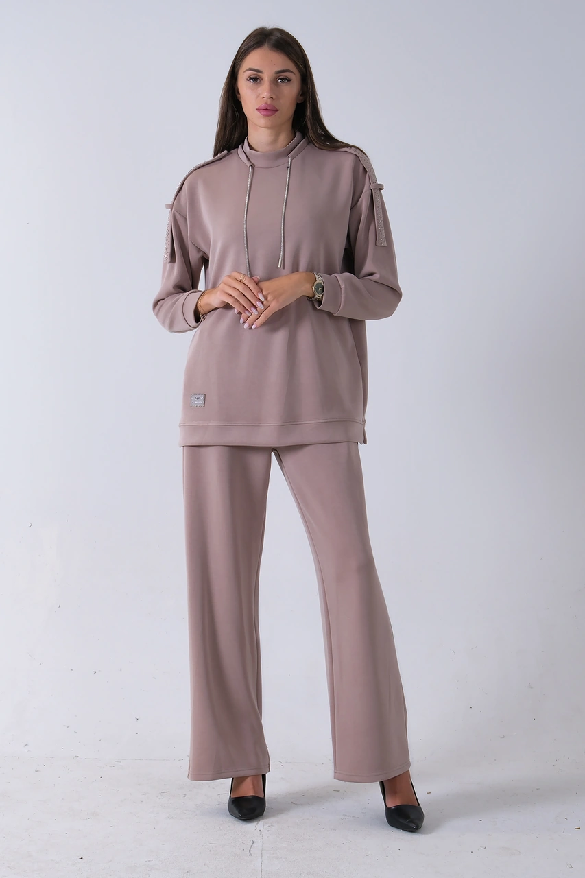 Feminist Vizon Omuz Apolet Detaylı Yakası İpli Tunik Pantolonlu Takım 4577281.34 Vizon