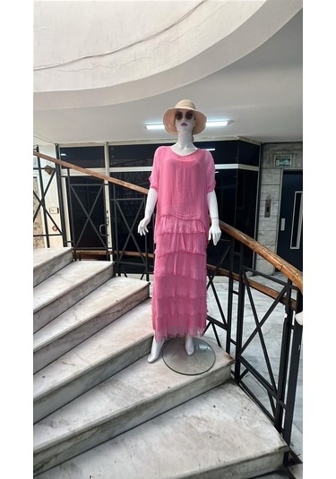 İtalyan 2 Beden Ince Gösteren Yarım Kol Kat Kat Ipek Elbise Pembe