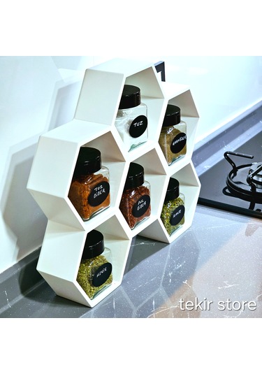 6'lı Baharatlık Takımı Ahşap Beyaz Standlı Petek Model Çift Yönlü Beyaz