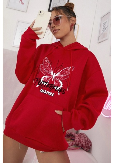 Modagen Kırmızı Kelebek Baskılı Oversıze Kapüşonlu Sweatshırt Kırmızı