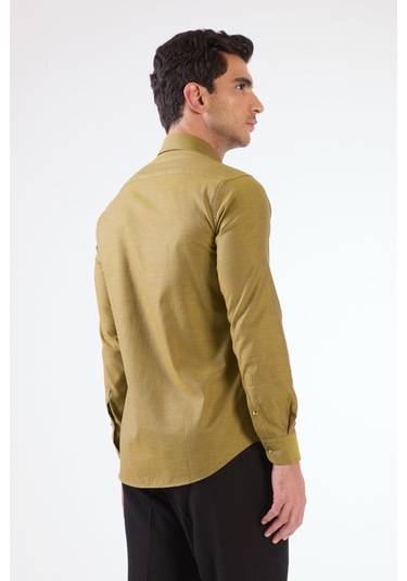 Koyu Sarı Erkek Slim Fit Düz Brent Düğmeli Yaka Uzun Kol Gömlek - 102489 Koyu Sarı