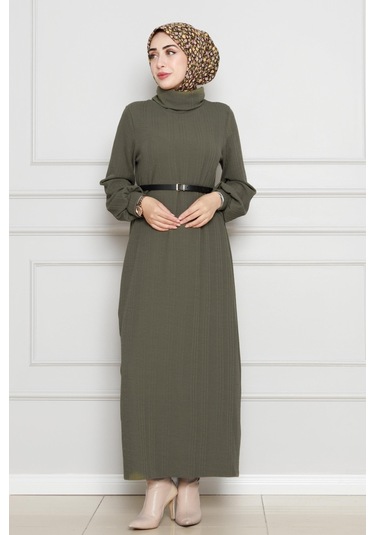 Balıkçı Yaka Kemerli Elbise-haki-4556 Haki
