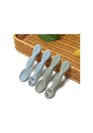 Hightower Yeşil Soğuk Gri 4 Parça Yemek Kaşığı Seti Silikon Mama Kaşığı Kendi Kendine Yeme Yeşil + Soğuk Gri