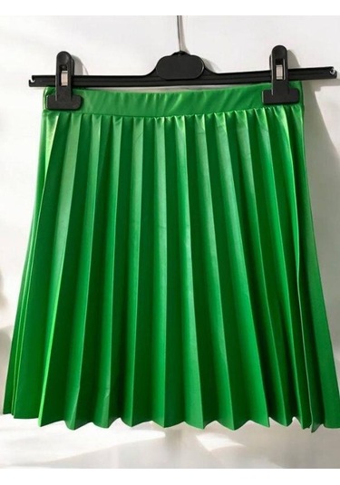 Kız Çocuk Beli Lastikli Pileli Deri Etek-14412 Yeşil