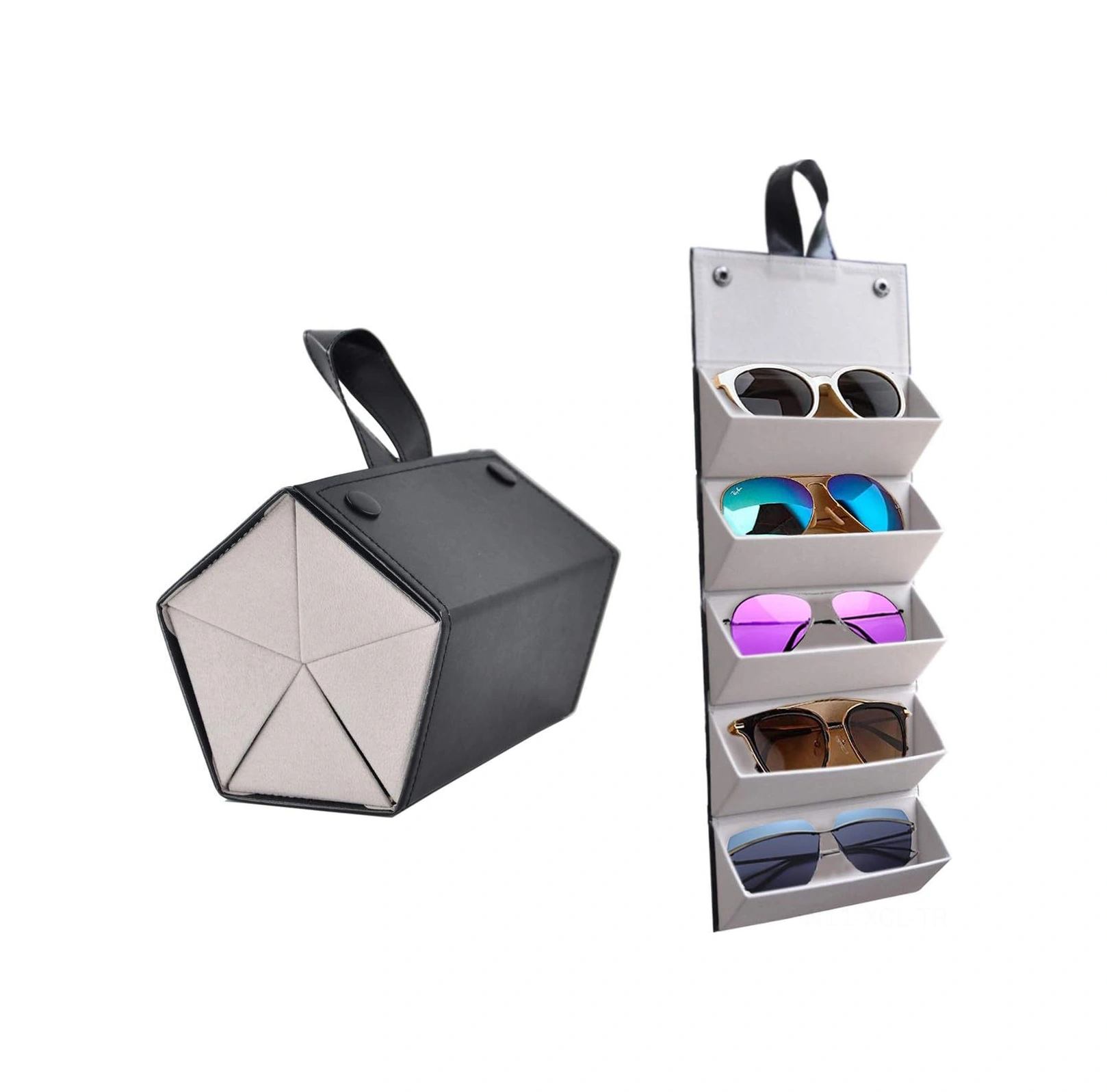 Konesam Büyük Siyah Güneş Gözlüğü Organizatörü, 5 Bölmeli Katlanabilir, Çoklu Gözlük Taşıma Ve Saklama Kutusu Siyah