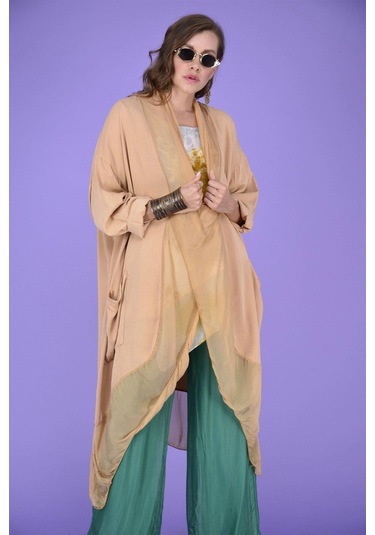 Italyan Ipek Detaylı Oversize Kaftan & Bluz-8711 Açık Camel