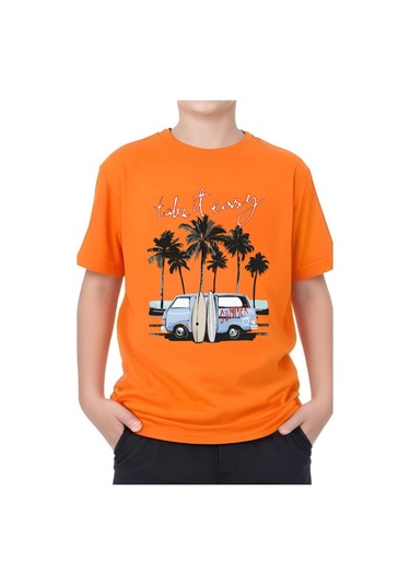 Summer Van Baskılı Erkek Çocuk Yuvarlak Yaka Kısa Kollu T-shirt Turuncu