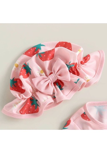 Pembe Çilek Desenli Kolay Giydirilebilir Şirin Şapkalı Mayo Seti Pembe