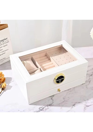 Dışı Deri İçi Kadife Kilitli Çekmeceli Takı Bijuteri Mücevher Kutusu Organizer Düzenleyici Beyaz İth