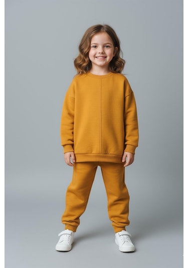 Unisex Çocuk Dikiş Detaylı 3 İplik Hardal Alt Üst Takım Hardal