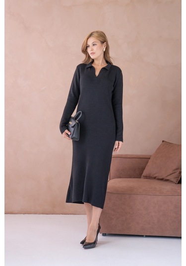 Kadın Polo Yaka Yamuşak Dokulu Maksi Boy Triko Elbise Siyah