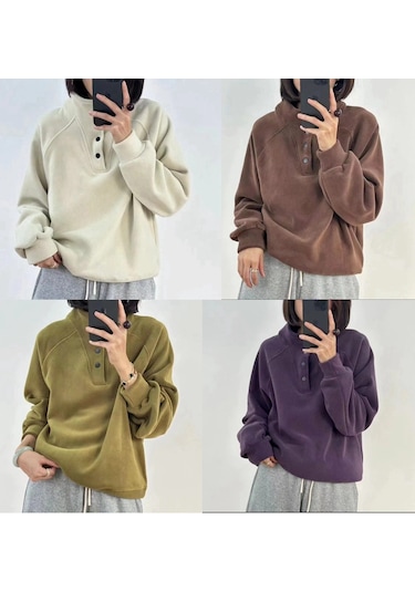 Snapbuy Düğmeli Polar Kadın Sweatshirt Kahve