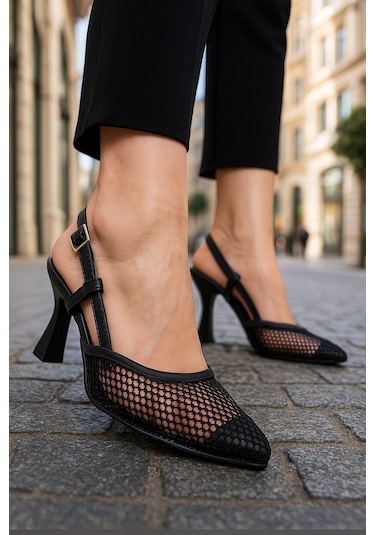 Günlük Kadın Fileli Arkası Açık Ayarlanabilir Tokalı İnce Topuklu Abiye Ayakkbı 923 Simli - Siyah