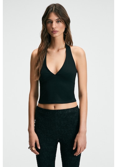 Grimelange MORIENNE Kadın Halter Yaka Kalın Askılı Sırtı Açık Crop Siyah Bluz