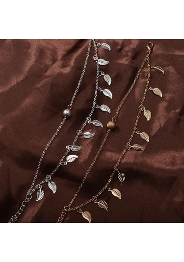 Gümüş Çift Katmanlı Yapraklar Charm Halhal Ayak Zinciri Yaz Kadın Sandal Ayak Bileği Bilezik Gümüş